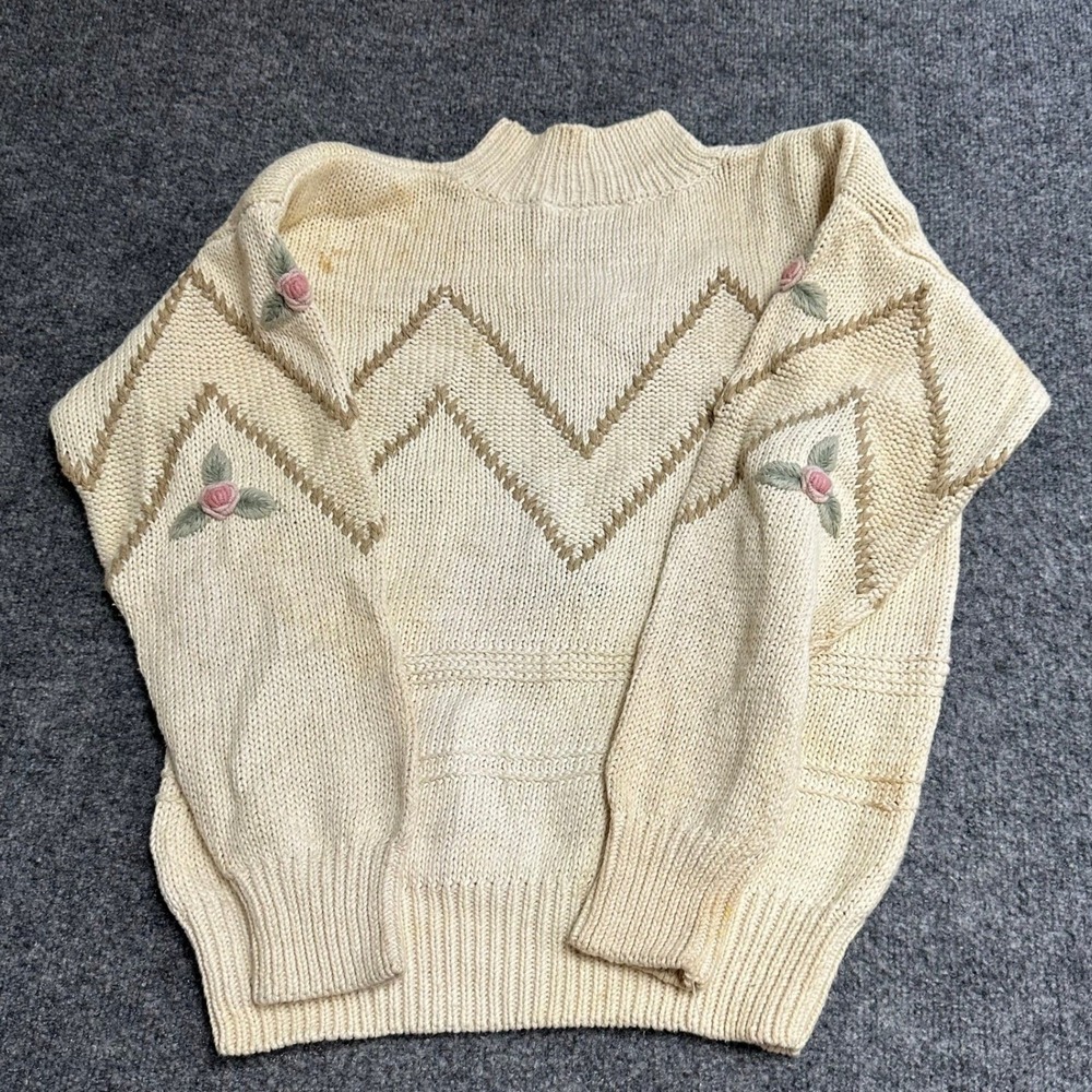 Donagain Sweater Womens Size M Cream Ramie Cotton Floral Mock Neck Vintage Stain